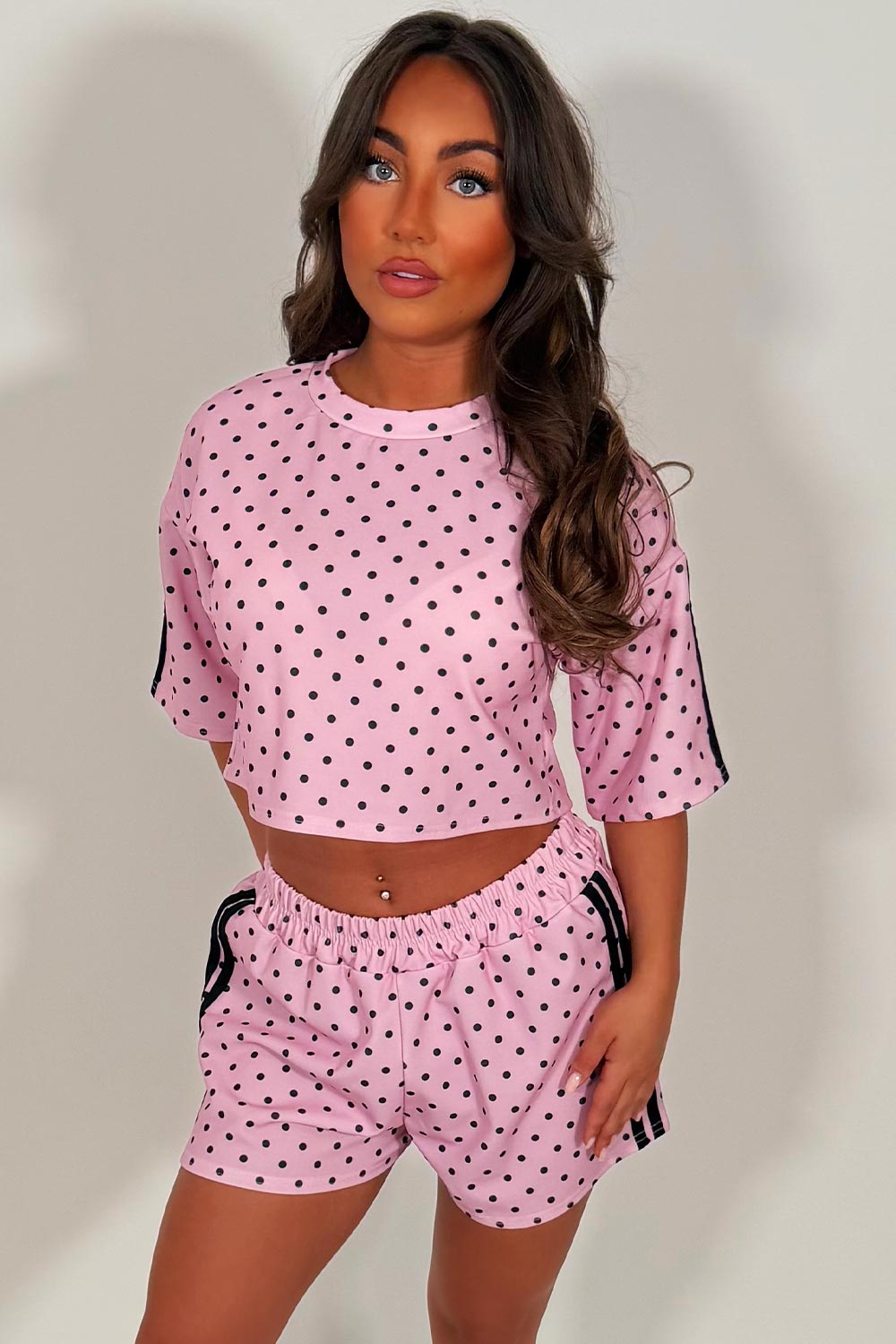 womens polka dot shorts and top two piece co ord set summer festival airport outfit styledup white fox uk sale 
