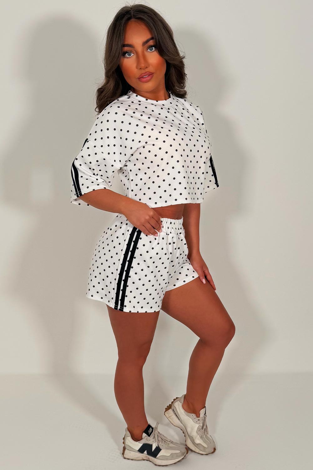 womens polka dot shorts and top two piece co ord set summer festival airport outfit styledup white fox uk sale 