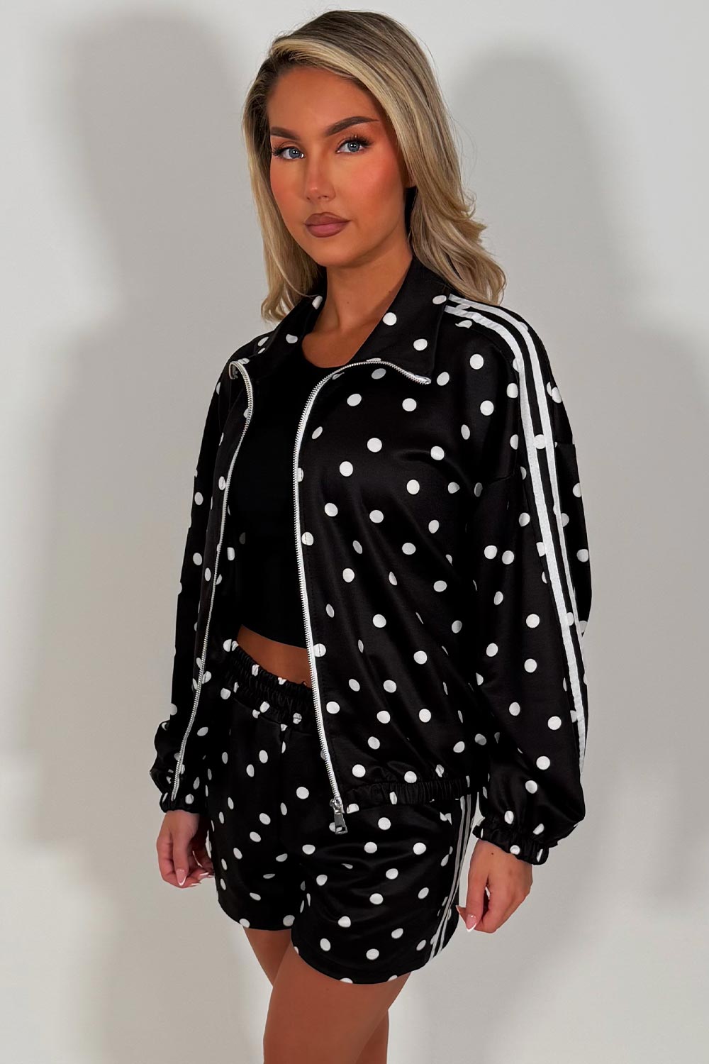 womens white polka dot shorts and top co ord set adidas uk sale styledup