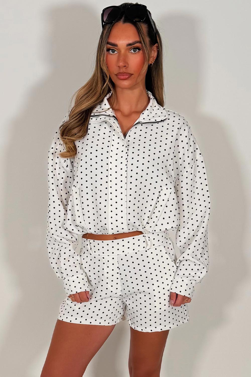 womens polka dot jacket and shorts two piece co ord set styledup uk