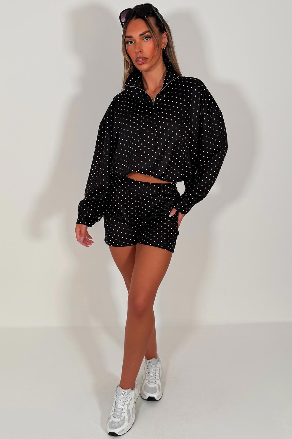womens navy polka dot top and shorts two piece co ord set styledup uk