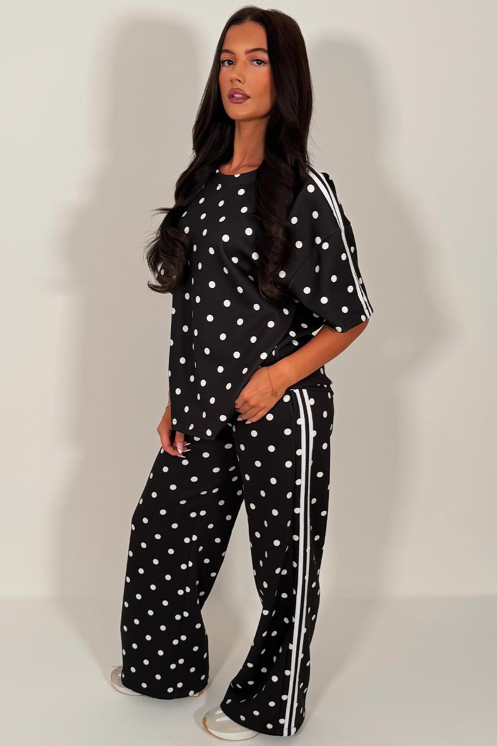 womens polka dot trousers and top co ord lounge set airport outfit adidas uk sale styledup