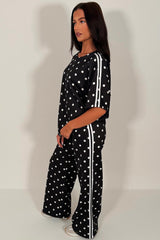 womens polka dot top and wide leg trousers with side stripe two piece co ord set airport outfit uk