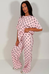 womens wide leg polka dot stripe trouser and top co ord set pink styledup sale uk