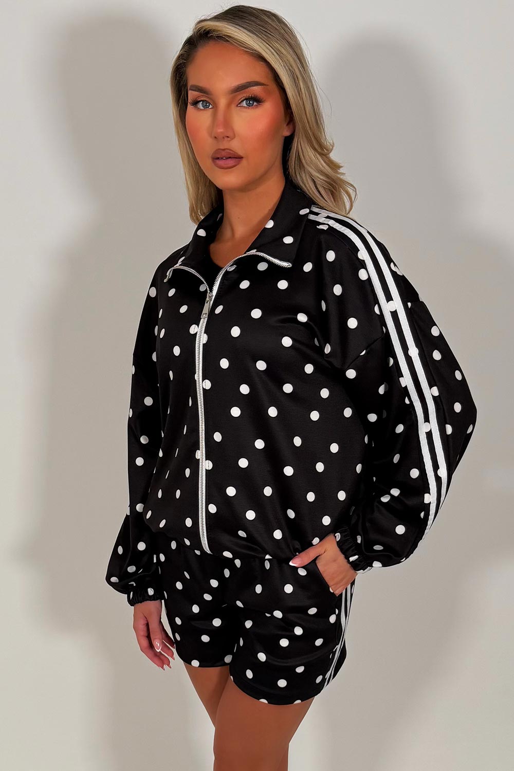 polka dot shorts and track jacket co ord shorts tracksuit set styledup 