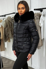 womens black shiny puffer jacket with fur hood styledup