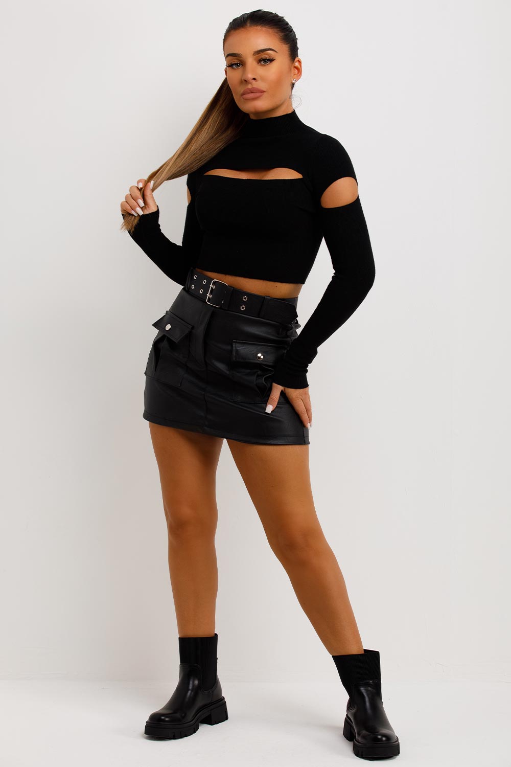 womens belted skorts faux leather going out outfit
