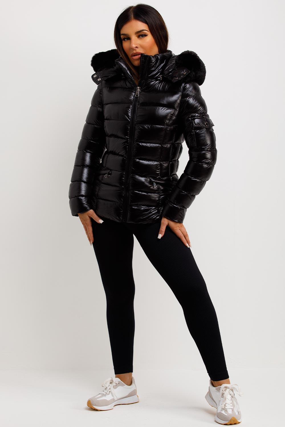 womens puffer jacket with fur hood black