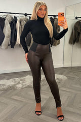 womens high waist brown faux leather leggings uk
