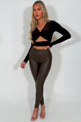 brown pu leather leggings high waisted 