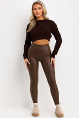 faux leather high waist leggings brown 