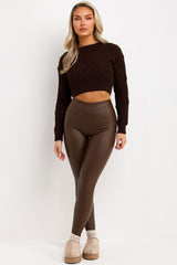 faux leather high waist leggings brown 