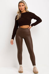 brown high waist faux leather leggings styledup