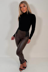 womens brown high waist tummy control faux leather leggings uk