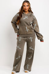 womens loungewear co ord set with bubble puffed up crosses khaki