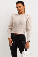 crop knitted jumper with puff shoulders