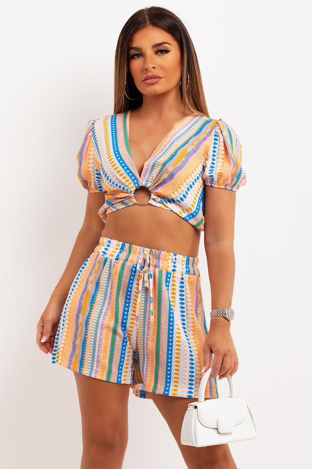 puff sleeve crop top with ring detail and shorts set tribal print summer holiday outfit