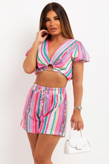 puff sleeve ring detail crop top and shorts set tribal print