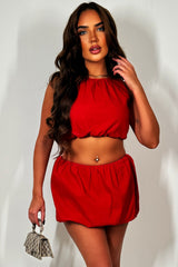 red puffball mini skirt and top co ord set christmas party outfit