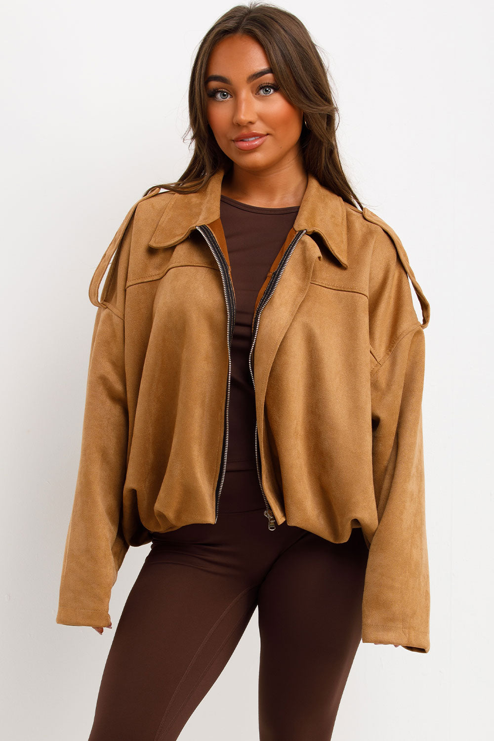 womens faux suede bomber jacket with shoulder tabs styledup