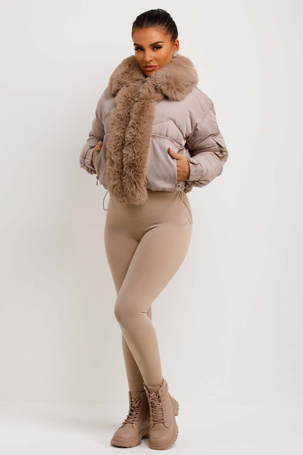 womens padded puffer crop jacket with fur collar and trim