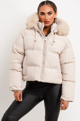 faux fur hood padded puffer short jacket for womens styled up