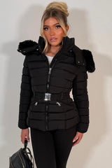 womens hooded puffer padded winter jacket with faux fur hood styledup uk