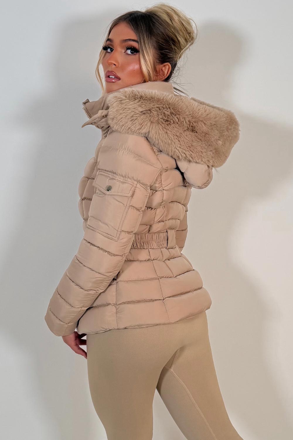 womens hooded puffer padded winter jacket with faux fur hood styledup uk