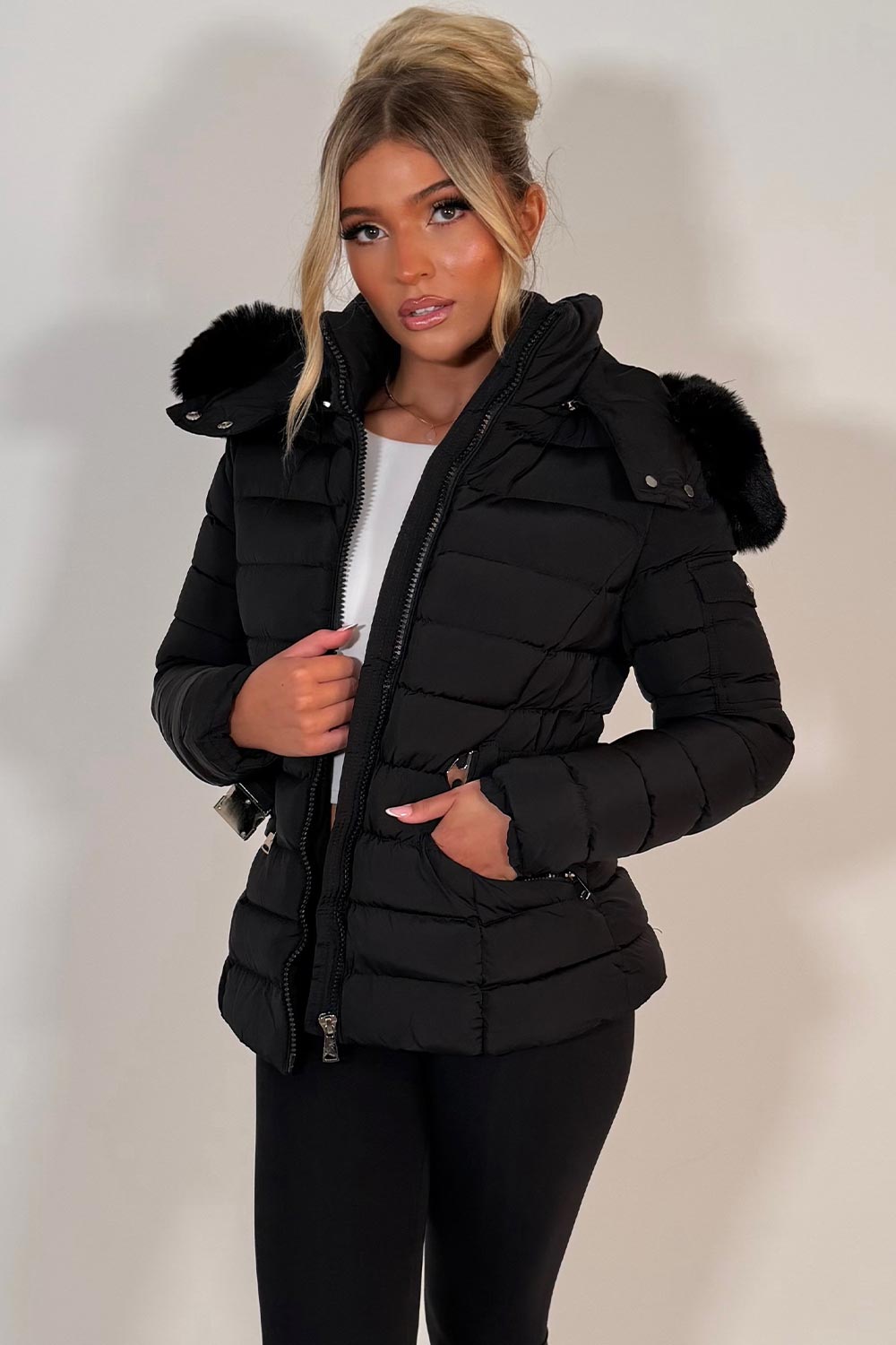 womens puffer jacket with faux fur hood styledup uk