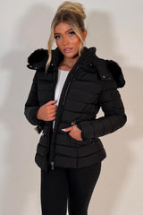 womens puffer jacket with faux fur hood styledup uk
