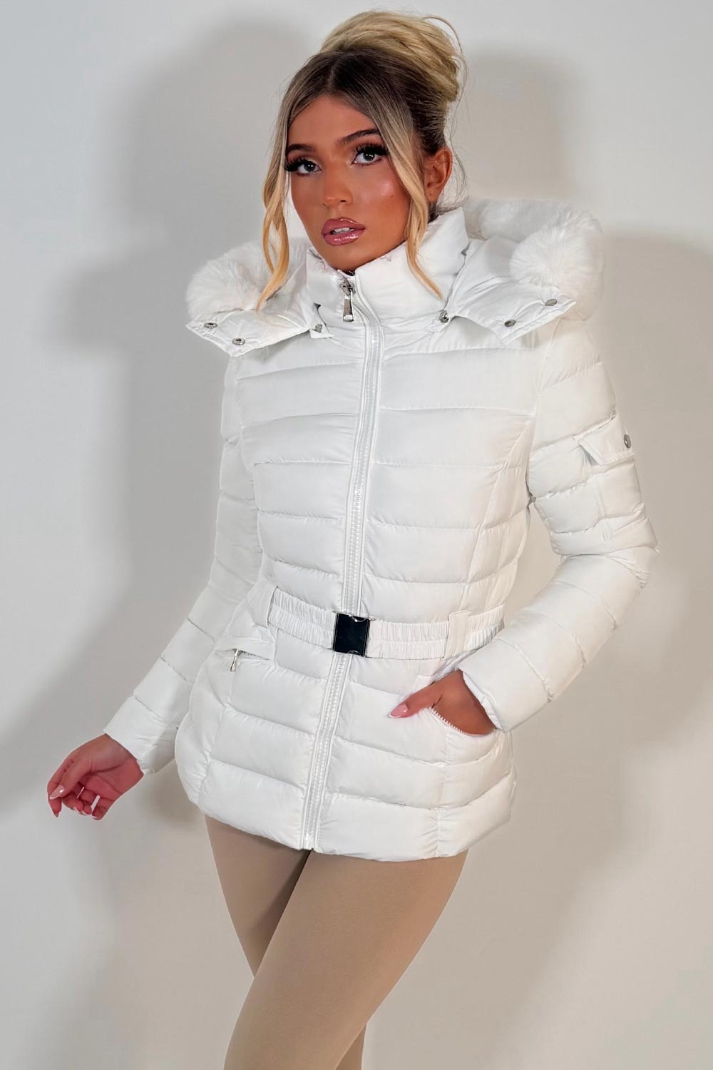 womens puffer jacket with faux fur hood styledup uk