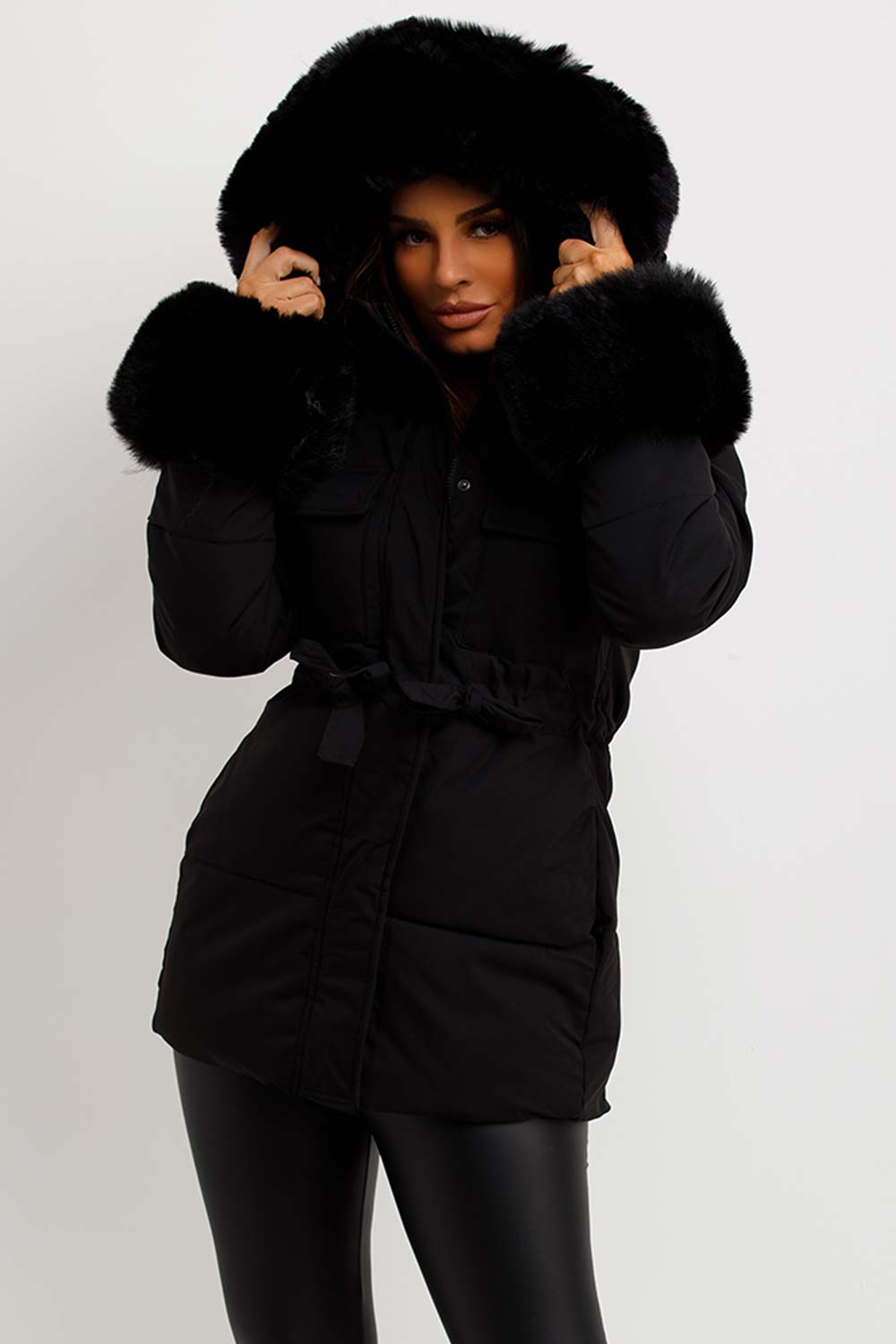 faux fur hood puffer coat with cuff womens uk