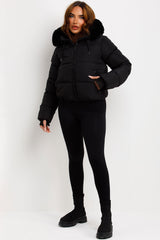 womens winter black puffer jacket with big faux fur hood