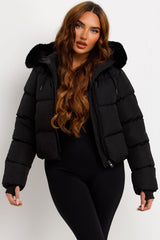 womens black padded puffer jacket with fur hood zara uk