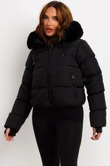 womens black puffer padded jacket with fur hood for winter