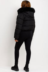 womens black puffer jacket styled up