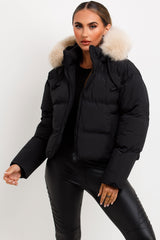 womens padded puffer jacket with big fur hood