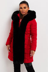 womens red puffer coat with faux fur hood sale