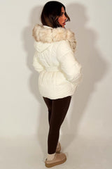 womens fur hood winter puffer padded jacket with waist belt really nice fitted outerwear for girls 