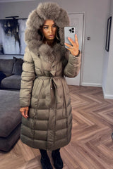 womens hooded padded long puffer coat with faux fur hood and belt styledup uk