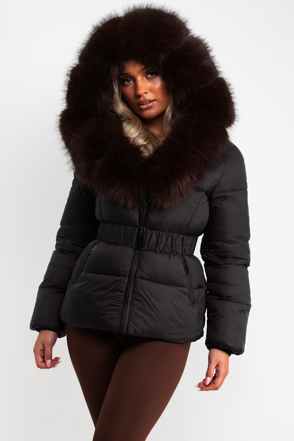 womens black padded puffer winter jacket with big faux fur hood and belt styledup uk