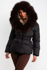 womens black padded puffer winter jacket with big faux fur hood and belt styledup uk