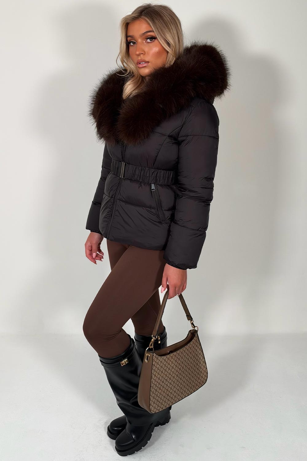 womens padded puffer winter jacket with belt and faux fur hood y2k mob wife look