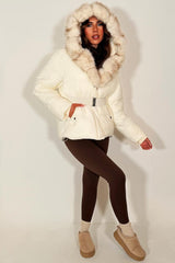 faux fur hood padded puffer jacket with waist belt womens outerwear styledup 