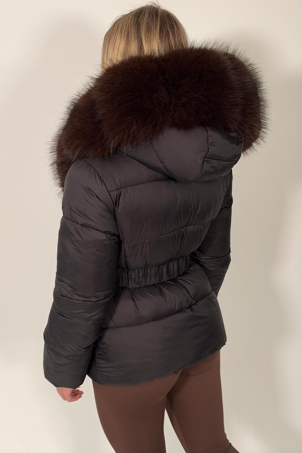 womens fur hooded puffer jacket with cinched waist belt winter outerwear extremely warm and cosy styledup uk