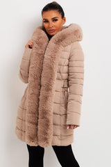 womens puffer padded coat with luxury faux fur hood and trim