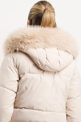 womens bomber jacket with faux fur hood and trim