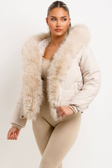 faux fur hood and trim padded puffer bomber jacket for winter womens