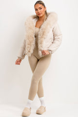 womens fur hood and trim padded bomber jacket beige