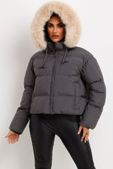 womens faux fur hood padded puffer jacket for winter